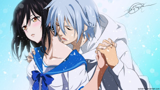 Anime couple hugging snowfall blue - a blue sky behind them free wallpaper for desktop