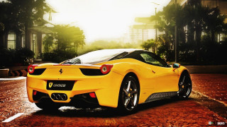 Yellow sports car sun building - shining free wallpaper