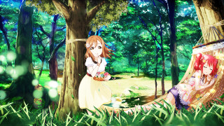 Women sitting grass tree tent - a tent free wallpaper