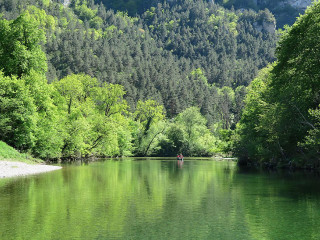 Person boat river trees mountains - a forest in the foreground free wallpaper