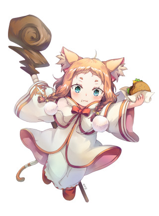 Girl cat ears holding food 2 - her hand and a hat free wallpaper for mobile