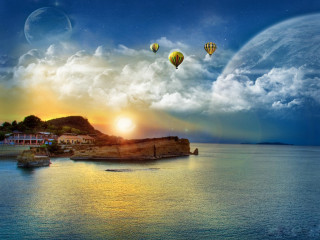 Sunset hotairballoons water town mountains - hot air balloon free wallpaper