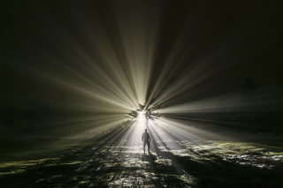 Person standing field light foggy - volumetric light free wallpaper for desktop