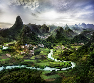 Mountain range river village valley - free landscape wallpaper for tablet