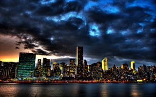 City skyline night reflection clouds - a dark sky free wallpaper