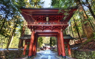 Red pagoda forest walkway benches - eishōsai chōki free wallpaper