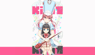 Anime couple sitting pink background - a pink border free wallpaper