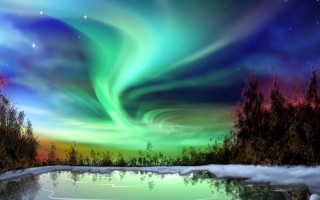 Aurora borealis pond woods snow - mystical free wallpaper