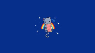 Cat holding cake rainbow blue - a rainbow in the background free wallpaper