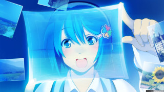Girl blue hair holding picture - a picture of herself free wallpaper