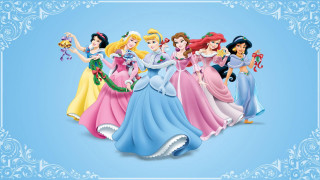 Princesses standing together blue background - a group of princesses free wallpaper