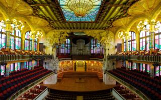 Auditorium stainedglass chandelier artnouveau cityscape - art nouveau free wallpaper