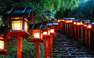 Lanterns lit path park night - eishōsai chōki free wallpaper