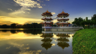 Buildings lake green field forest - arthur pan free wallpaper