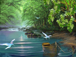River boat birds forest green - a painting of a river free wallpaper