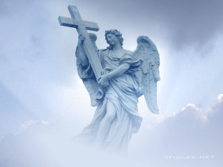 Angel statue holding cross clouds - in the sky free wallpaper