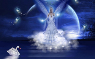 Woman white dress cloud swan - a moon in the sky free wallpaper