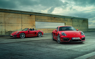 Red sports cars parking lot - a large window free wallpaper