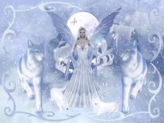 Woman white dress three wolves - fantasy artwork free wallpaper