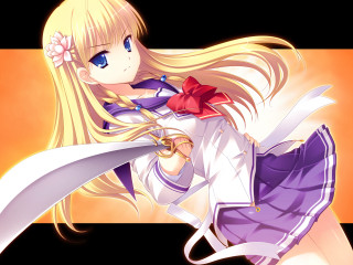 Anime girl blonde hair bow 2 - her head holding free wallpaper