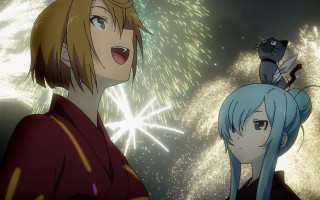 Anime couple fireworks cat head - the background of them free wallpaper for desktop
