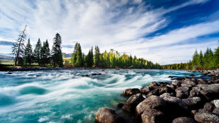 River rocks trees mountain blue - andrey ryabovichev free wallpaper
