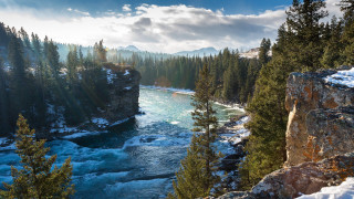 River forest snow mountains trees - side of it free wallpaper