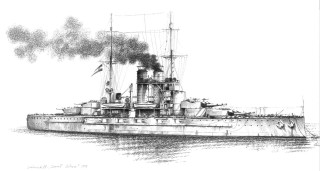 Battleship drawing smoke stacks billowing - sōsaku hanga free wallpaper