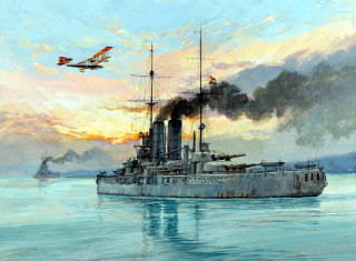 Battleship water plane flying over - sots art free wallpaper