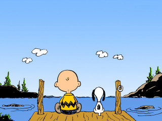 Cartoon man dock dog water - the water and a bird free wallpaper