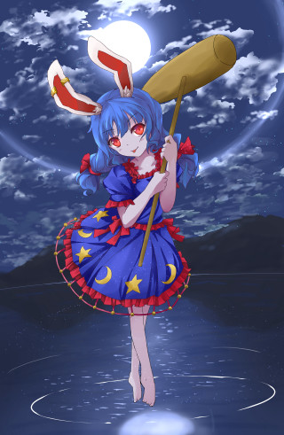 Girl blue dress moon rabbit - a large object free wallpaper for mobile