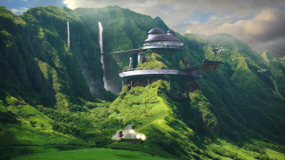 Futuristic building mountain waterfall background - a futuristic building free wallpaper