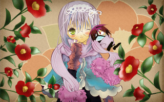 Anime couple hugging flowers leaves - a wallpaper background free wallpaper for desktop