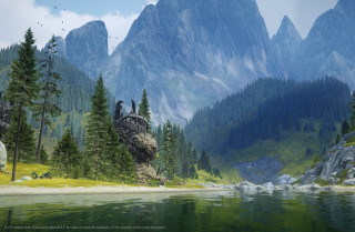 Mountain lake forest waterfall sky 2 - a painting of a mountain scene free wallpaper