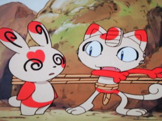 Cartoon rabbits holding stick mountain - a cartoon picture free wallpaper