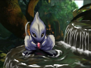 Cartoon cat pond waterfall person - a cup free wallpaper for desktop