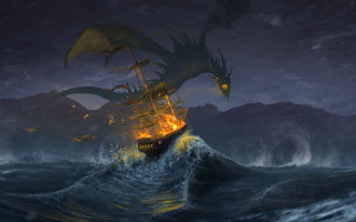 Dragon attack ship ocean night - a ship in the ocean free wallpaper