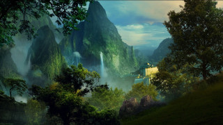 Mountain castle forest waterfall painting - free spring wallpaper for desktop