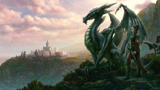 Woman dragon cliff castle water - a castle in the background free wallpaper