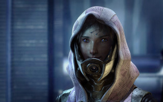 Woman hooded jacket gas mask - a futuristic setting free wallpaper for desktop