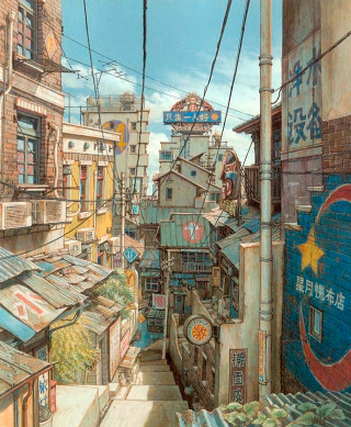 City street buildings signs china - a painting of a city street free wallpaper