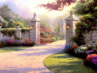 Garden gate flowers path painting - kinkade free wallpaper for desktop