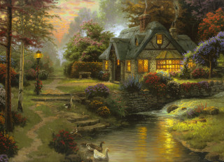 House stream swans light painting - an oil painting free wallpaper