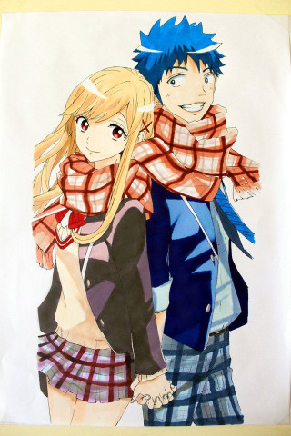 Two people scarf shoulders drawing - free anime wallpaper for mobile
