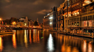 River boat buildings night lights - the other side of it free wallpaper