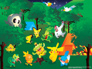 Pokemon playing woods night tent - a group of pokemons free wallpaper for desktop