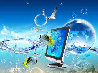 Computer monitor desk fish bubbles - adobe photoshop free wallpaper