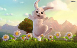 Cartoon bunny jumping field flowers - a cartoon bunny free wallpaper