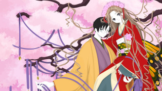 Couple people tree pink flowers - ukiyoe free wallpaper