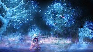 Woman red dress forest waterfall - a forest free wallpaper